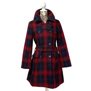 American Living Red Plaid Belted Double Breasted Trench Coat Womens SZ M